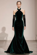 Velvet Halter Mermaid Dark Green Evening Dress