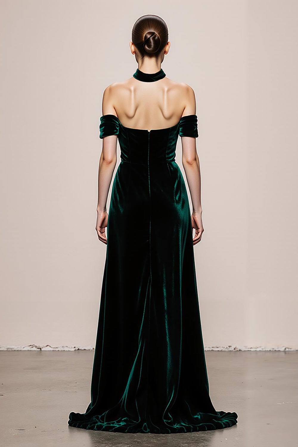 Dark Green Velvet Halter Maxi Evening Dress With Slit