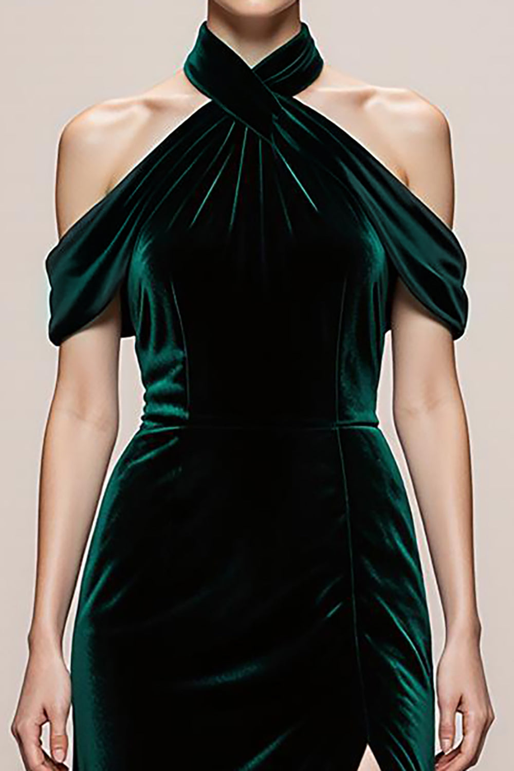 Dark Green Velvet Halter Maxi Evening Dress With Slit
