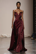 Strapless Burgundy A-Line Maxi Evening Dress