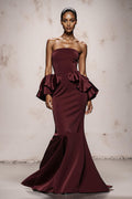 Strapless Mermaid Burgundy Maxi Evening Dress With Ruffles