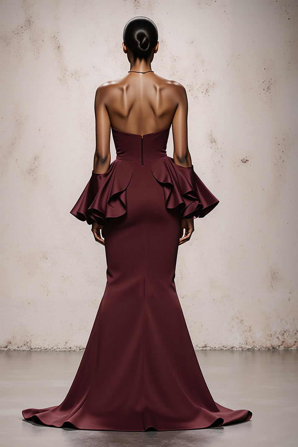 Strapless Mermaid Burgundy Maxi Evening Dress With Ruffles