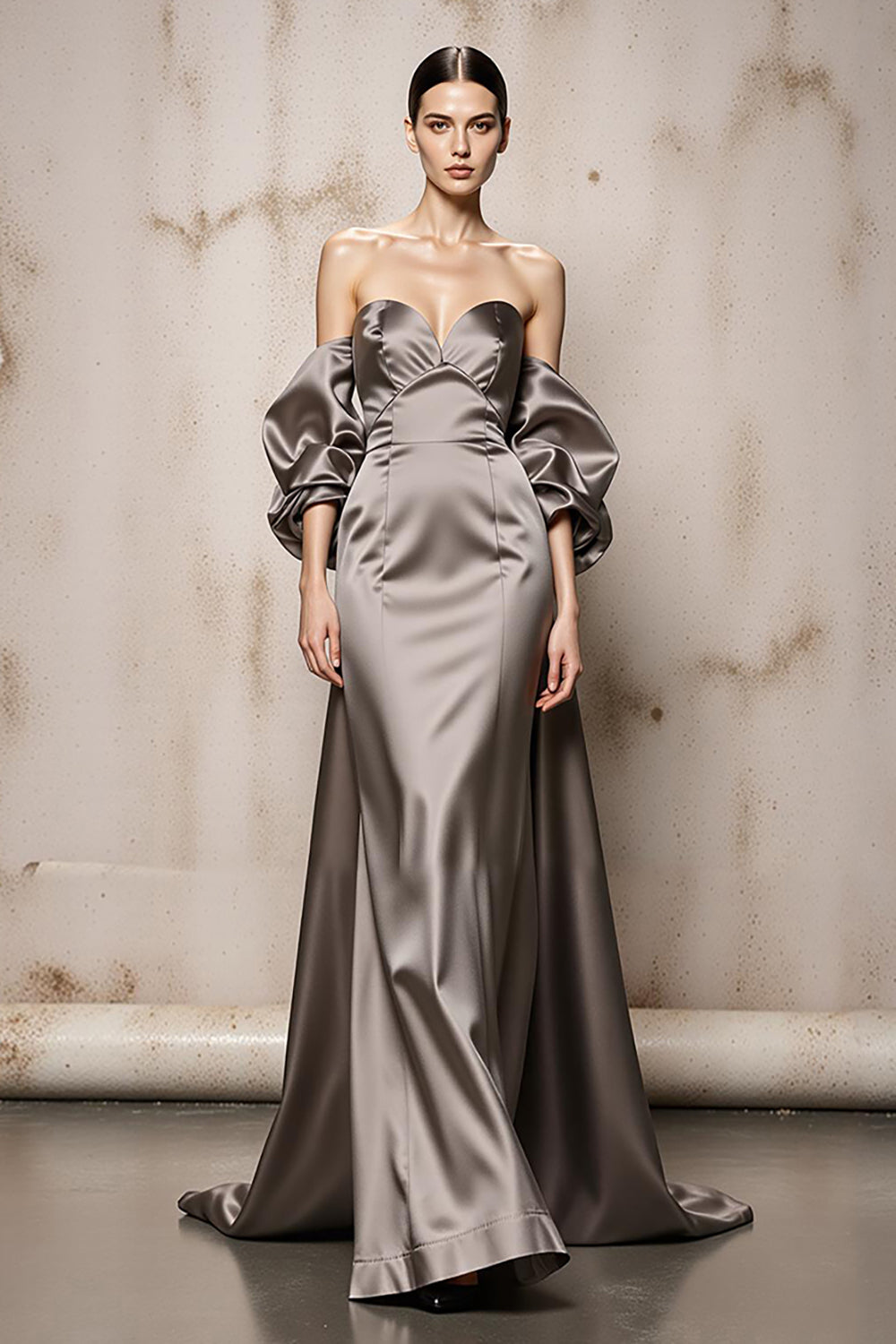 Silver Off The Shoulder Satin Maxi Evening Dress
