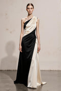 One Shoulder Black and White A-Line Maxi Evening Dress