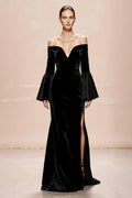 Black Off The Shoulder Flare Sleeve Velvet Evening Dress With Slit
