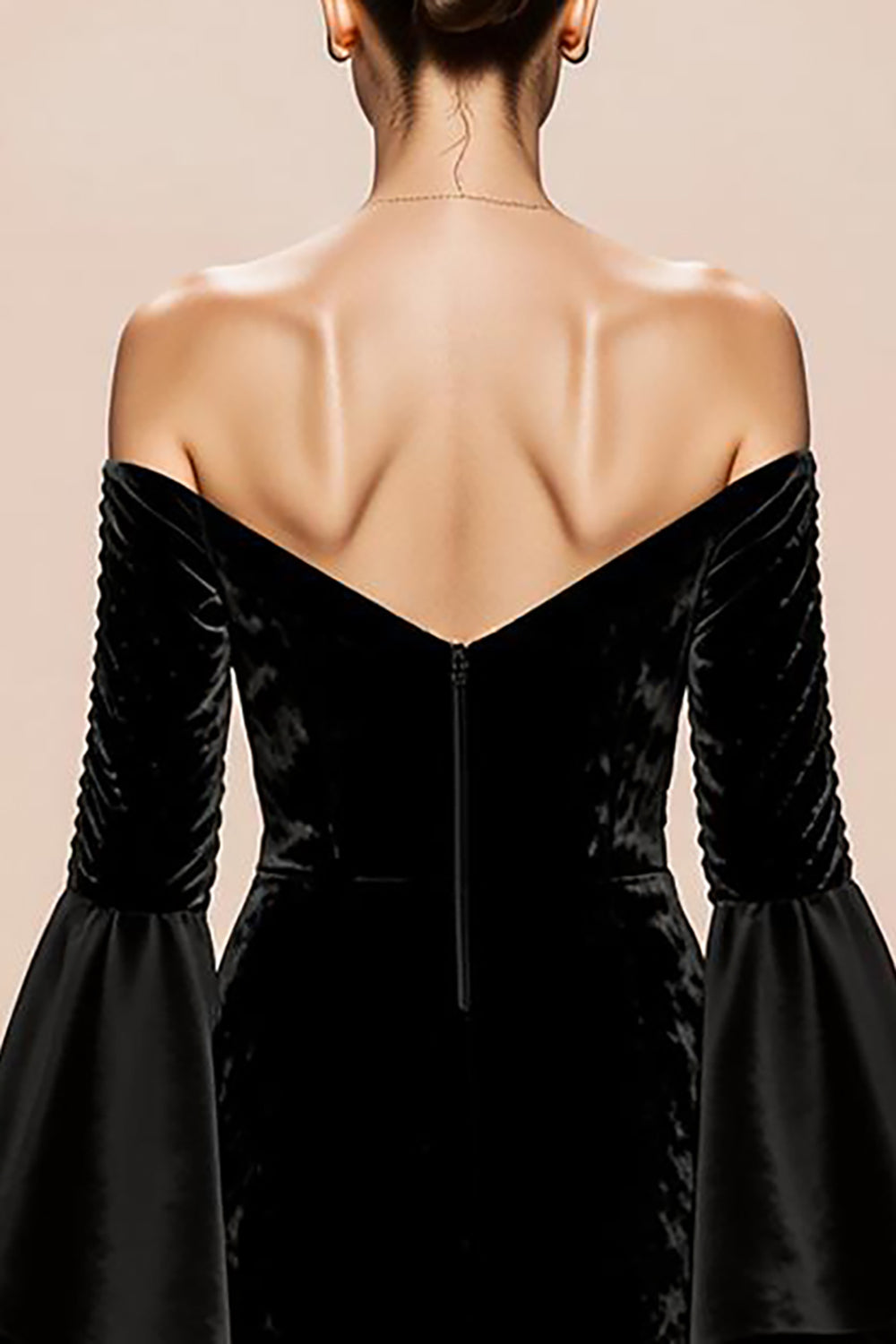 Black Off The Shoulder Flare Sleeve Velvet Evening Dress With Slit