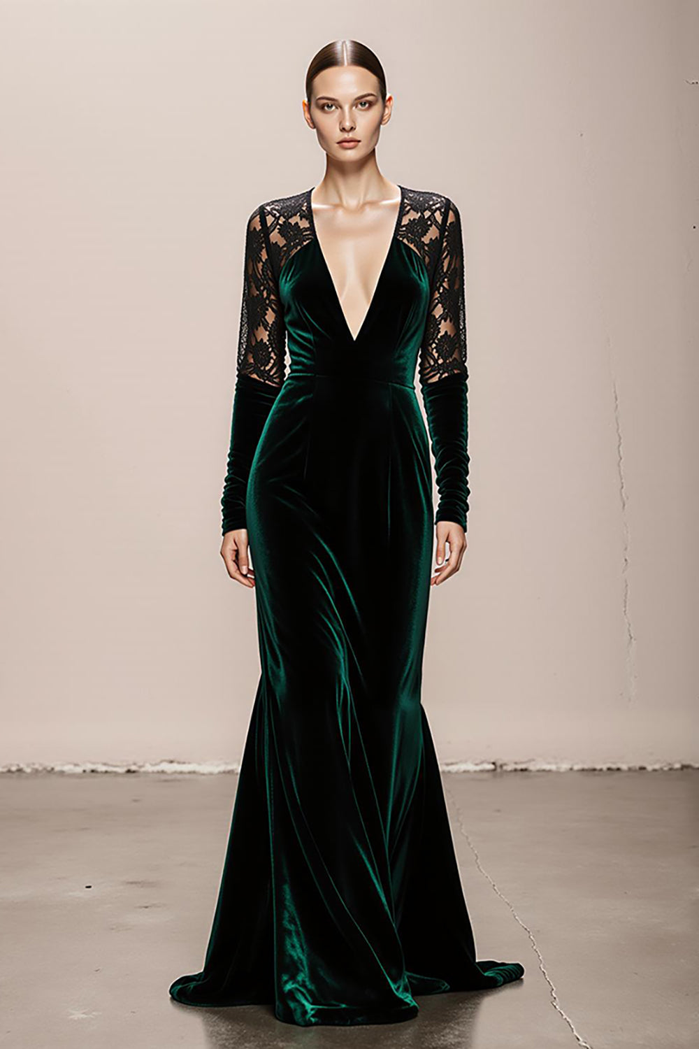 Mermaid Velvet Deep V-Neck Dark Green Evening Dress