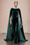 Velvet Dark Green Maxi Evening Dress with Cloak