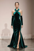 Dark Green Halter Mermaid Velvet Evening Dress With Slit