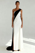 Black and White Sheath One Shoulder Formal Dress With Slit