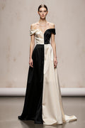 Off The Shoulder Black and White A-Line Evening Dress With Lace Up Back