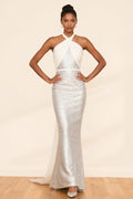 Sparkly White Halter Mermaid Evening Dress With Sash