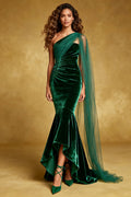 Dark Green Mermaid Velvet One Shoulder Evening Dress with Sash