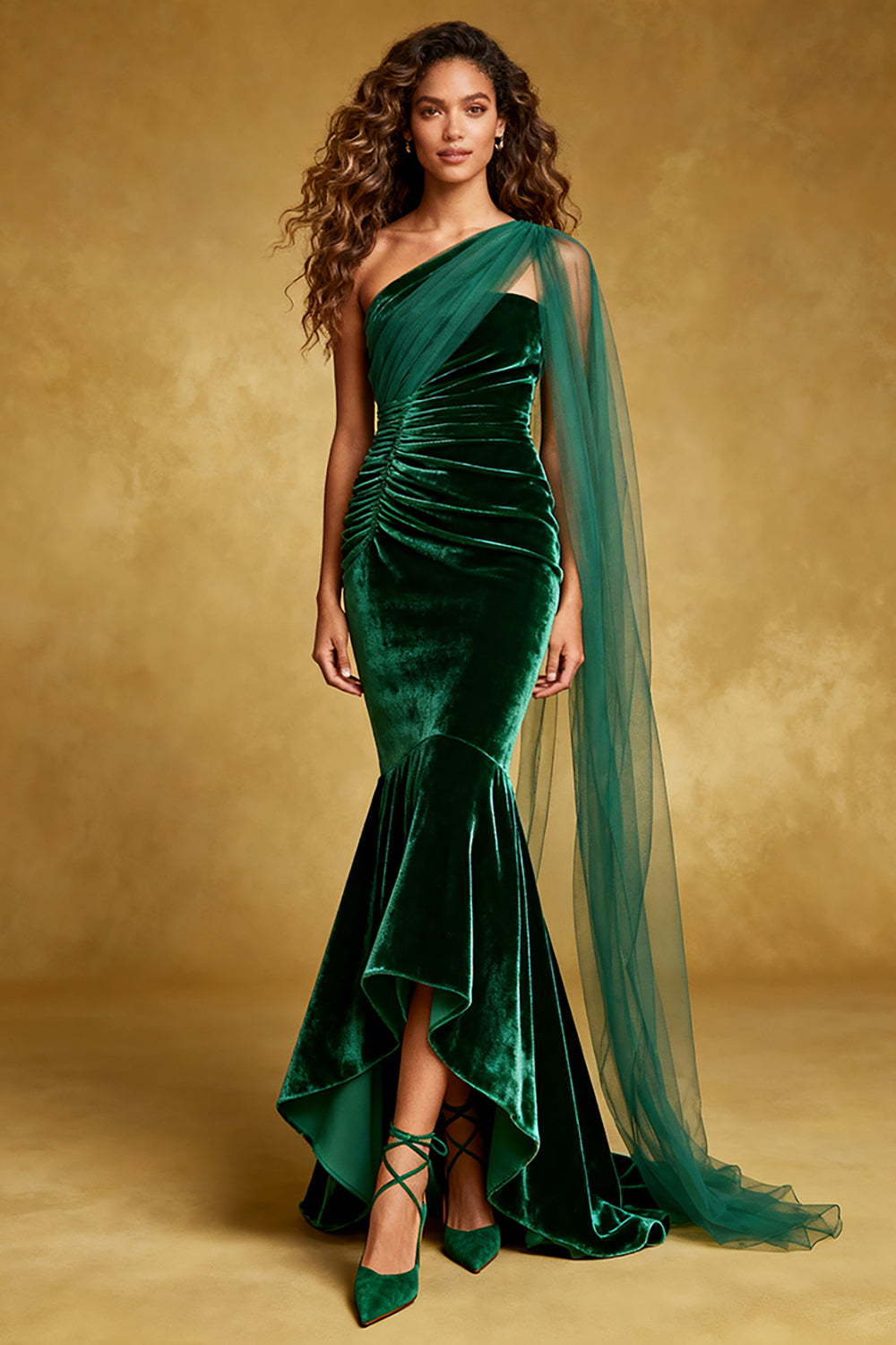 Dark Green Mermaid Velvet One Shoulder Evening Dress with Sash
