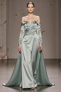 Mint Green A-Line Off The Shoulder Maxi Evening Dress with Long Sleeves