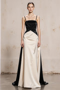 Black and White Spaghetti Straps A-Line Maxi Evening Dress