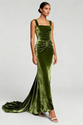 Mermaid Velvet Olive Ruched Evening Dress