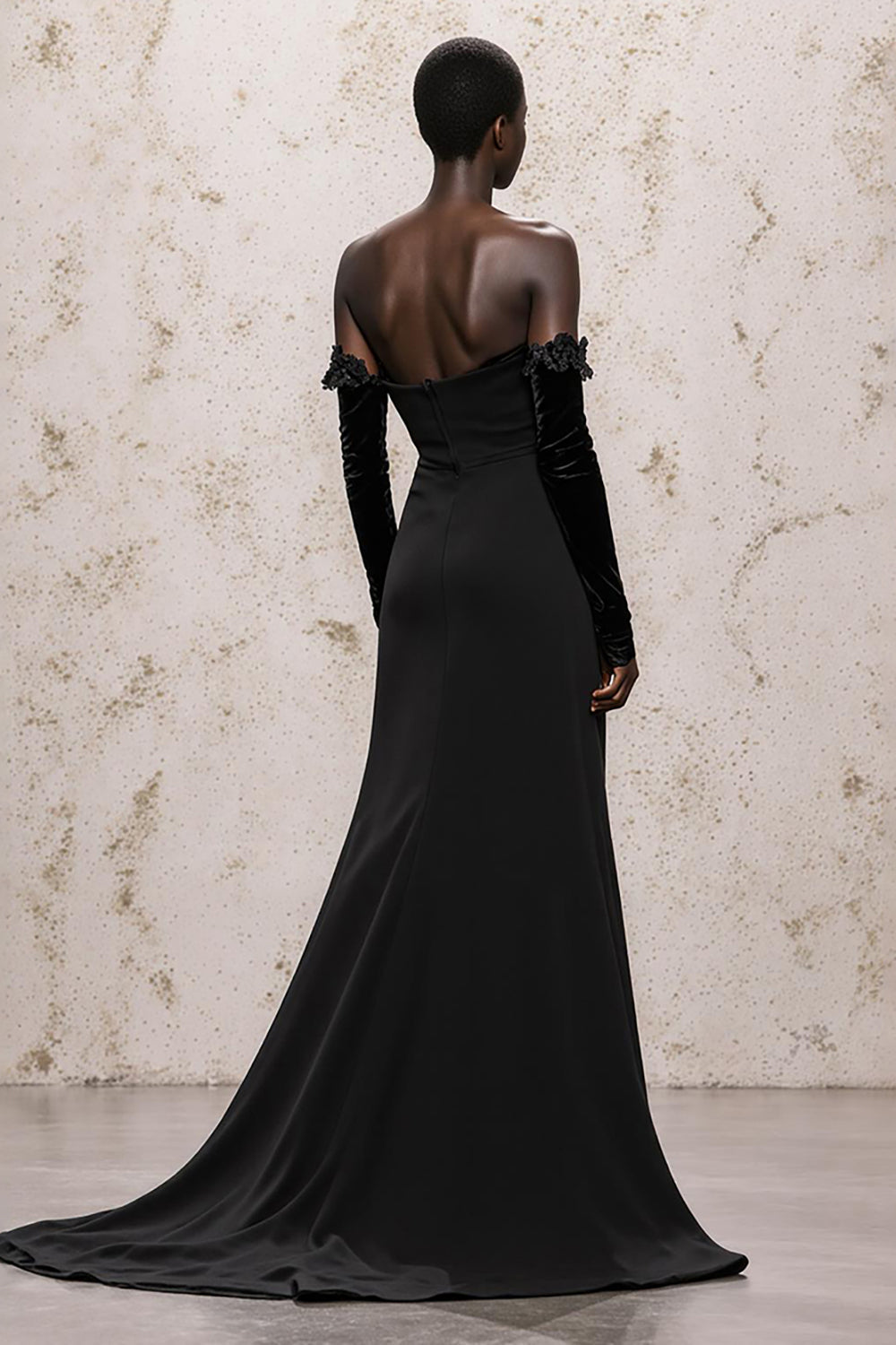 Black Off The Shoulder Long Sleeve Velvet Evening Dress With Lace
