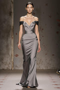Silver Off The Shoulder Mermaid Satin Maxi Evening Dress
