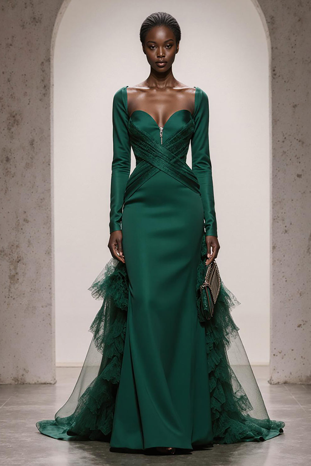 Dark Green Satin Mermaid Evening Dress With Long Sleeves