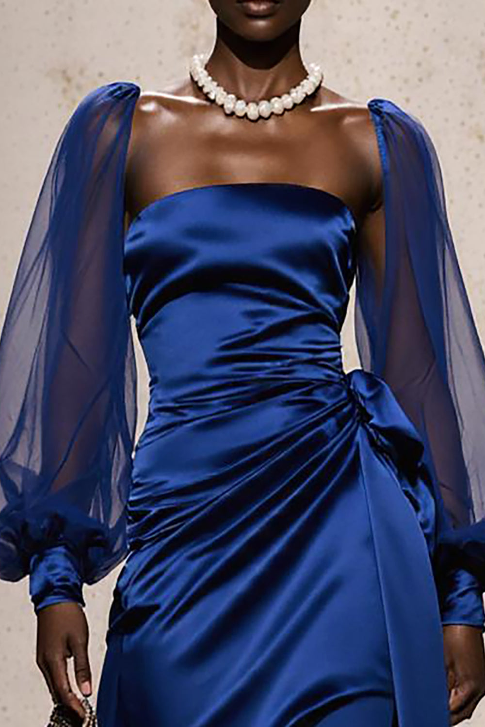 Royal Blue Satin Evening Dress With Bishop Sleeves
