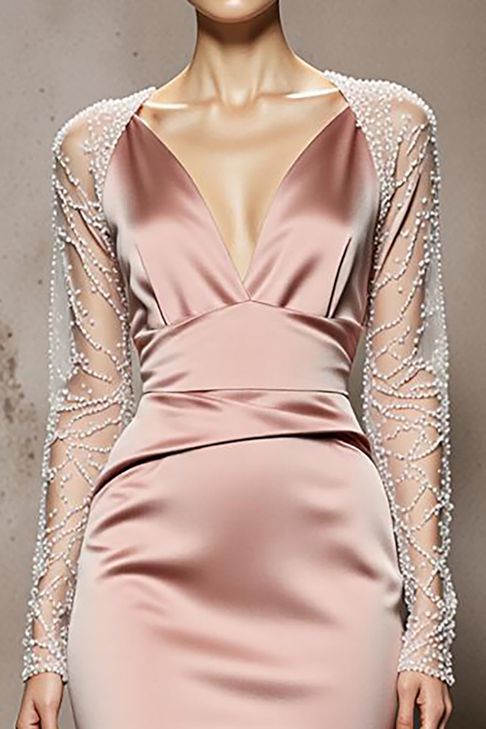 Light Pink Mermaid Beaded Long Sleeve Satin Evening Dress