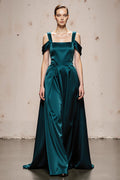 Peacock Blue A-Line Cold Shoulder Satin Evening Dress