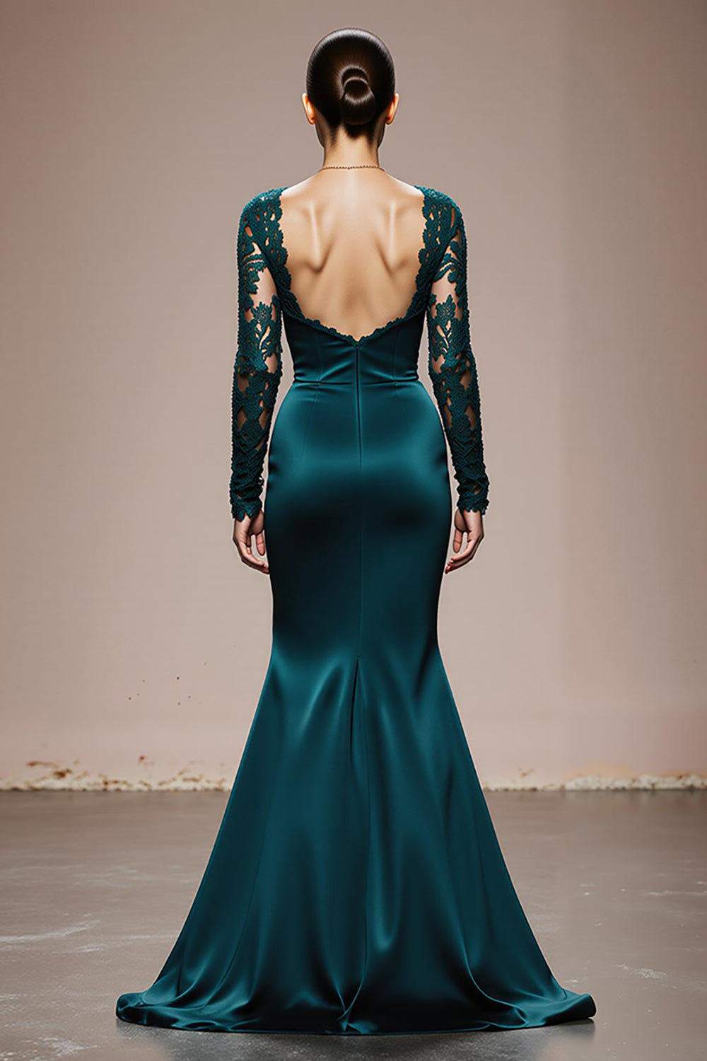 Mermaid Peacock Blue Appliqued Evening Dress with Long Sleeves