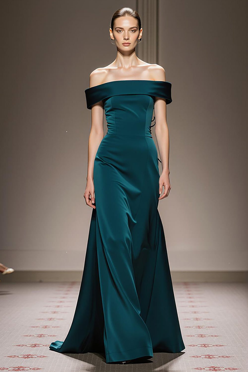 Off The Shoulder Peacock Blue Satin Evening Dress