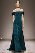 Off The Shoulder Peacock Blue Satin Evening Dress