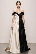 Black and White A-Line Off The Shoulder Satin Evening Dress