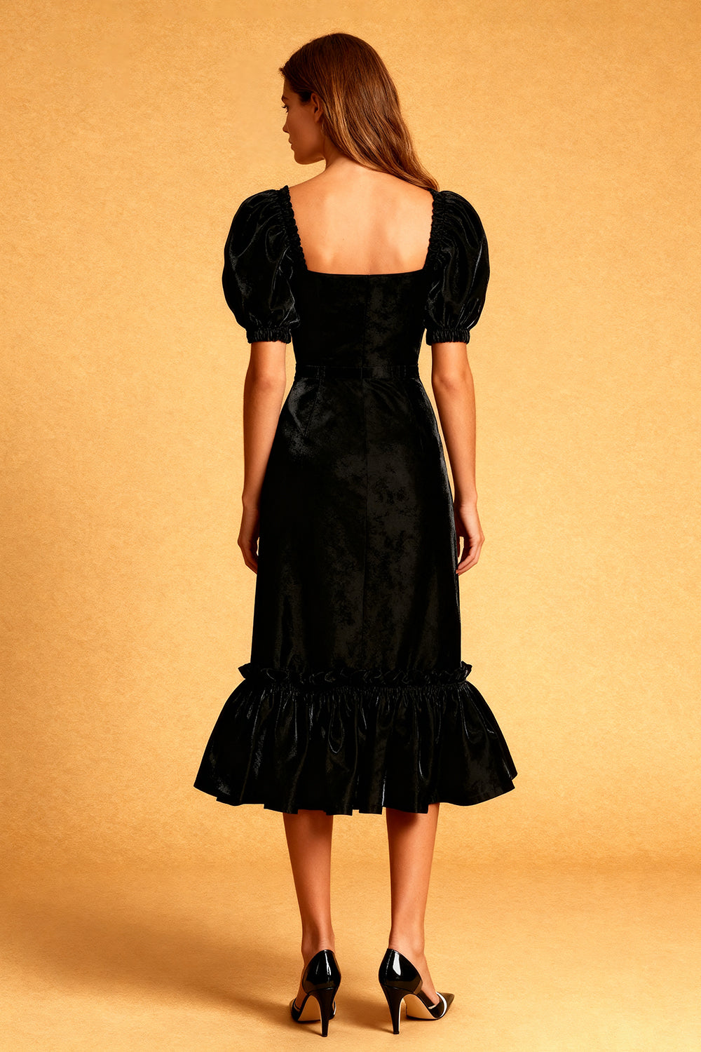 Black Velvet Midi  Holiday Dress With Puff Sleeves