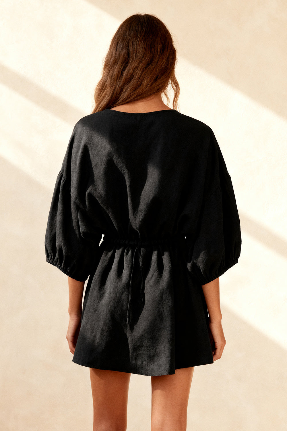 Black Boat Neck Mini Dress With 3/4 Sleeves
