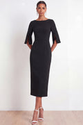 Black Bateau Neck Sheath Midi Formal Dress with Slit