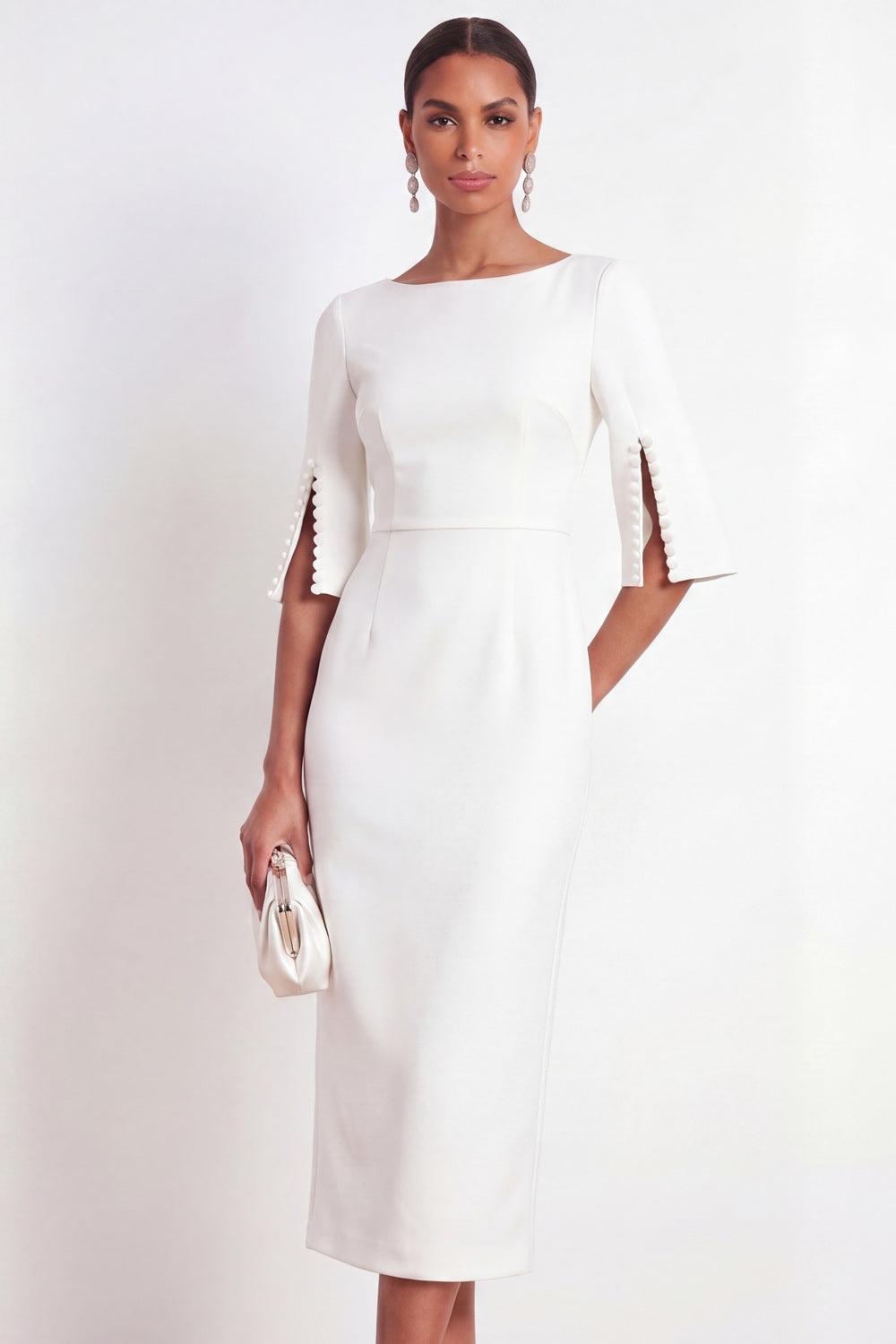 Black Bateau Neck Sheath Midi Formal Dress with Slit