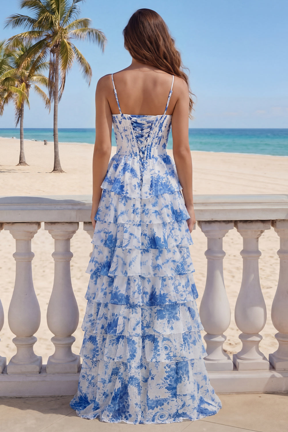 Tiered Corset Blue Floral Prom Dress with Slit