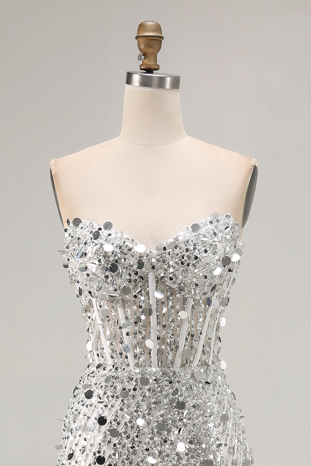 Sparkly Silver Strapless Corset Mermaid Prom Dress With Slit