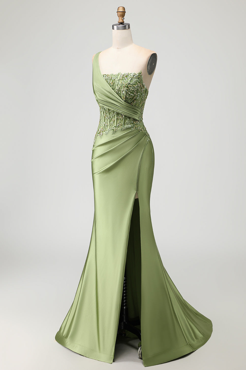 Green One Shoulder Corset Mermaid Appliqued Prom Dress With Slit