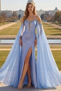 Sparkly Cold Shoulder Mermaid Ruched Blue Prom Dress