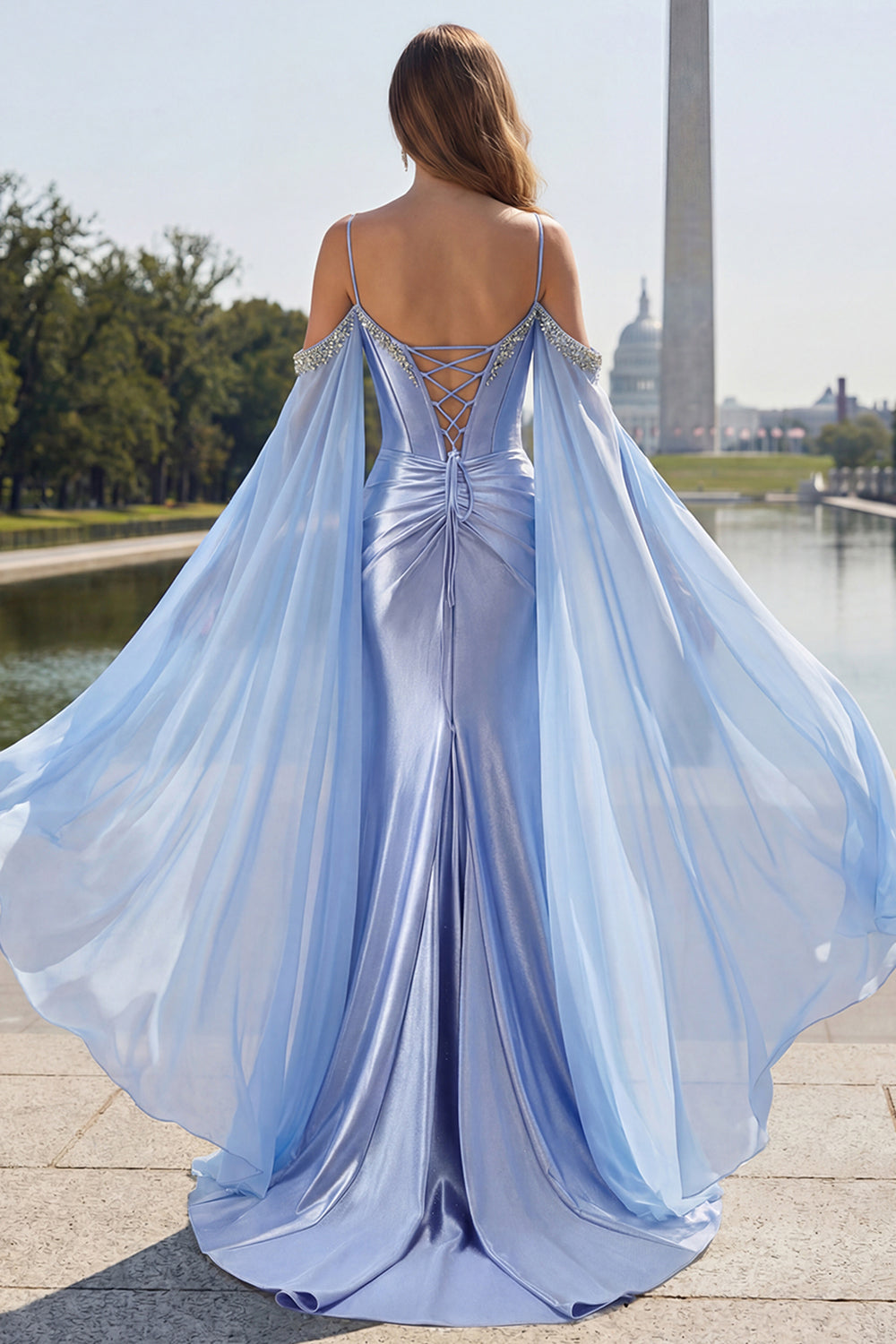 Sparkly Cold Shoulder Mermaid Ruched Blue Prom Dress