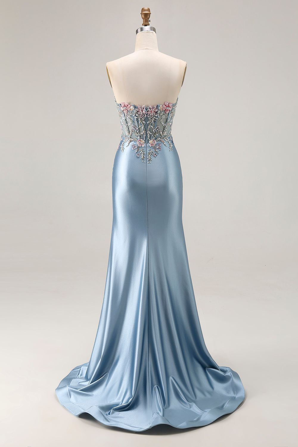 Grey Blue Mermaid Sweetheart Beaded Corset Prom Dress With Slit