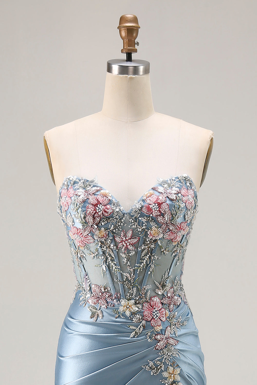 Grey Blue Sweetheart Corset Appliqued Prom Dress With Slit