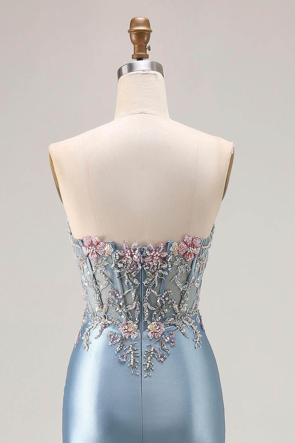 Grey Blue Sweetheart Corset Appliqued Prom Dress With Slit