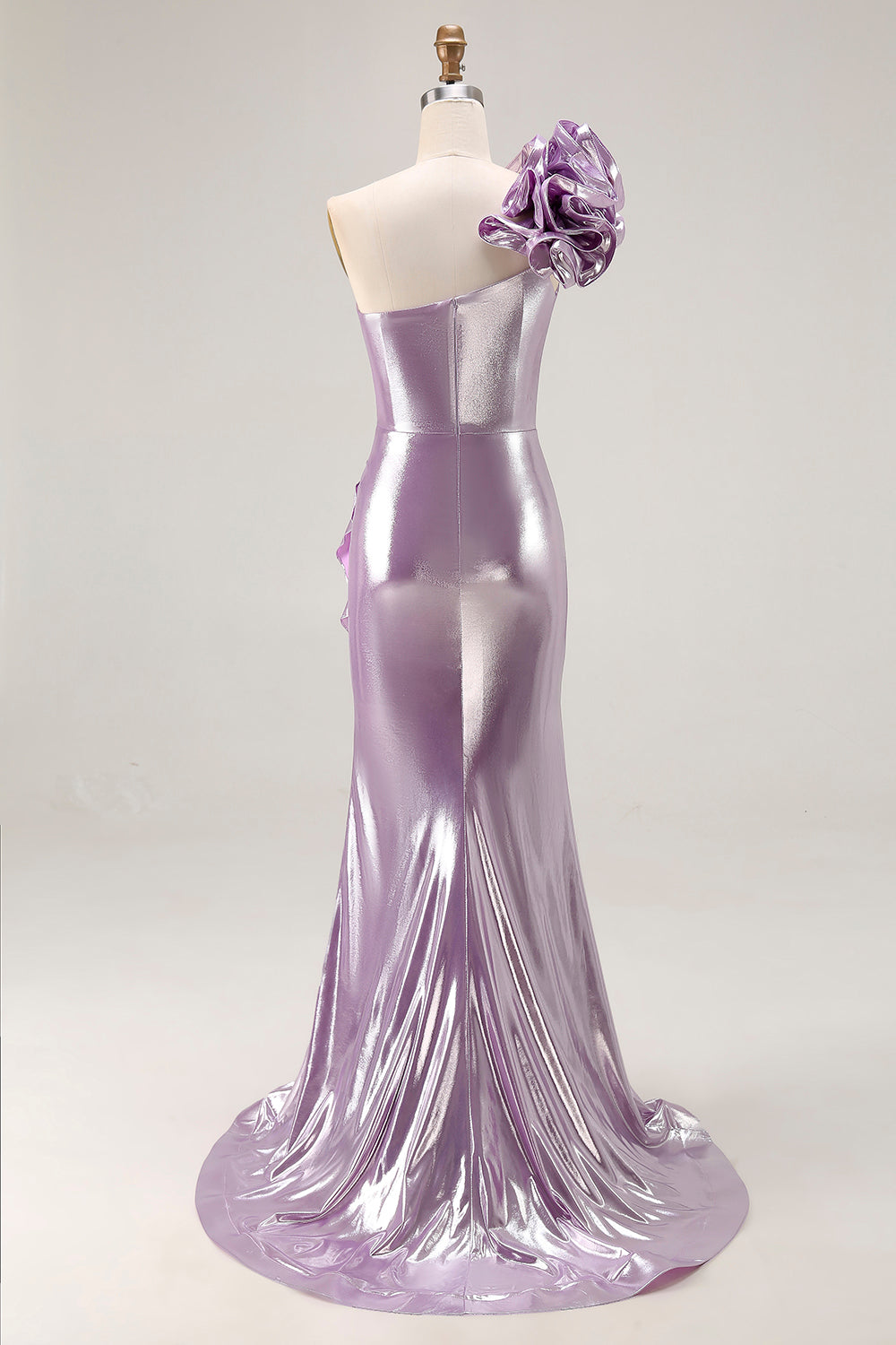 Metallic Light Purple One Shoulder Mermaid Prom Dress With Ruffle Slit