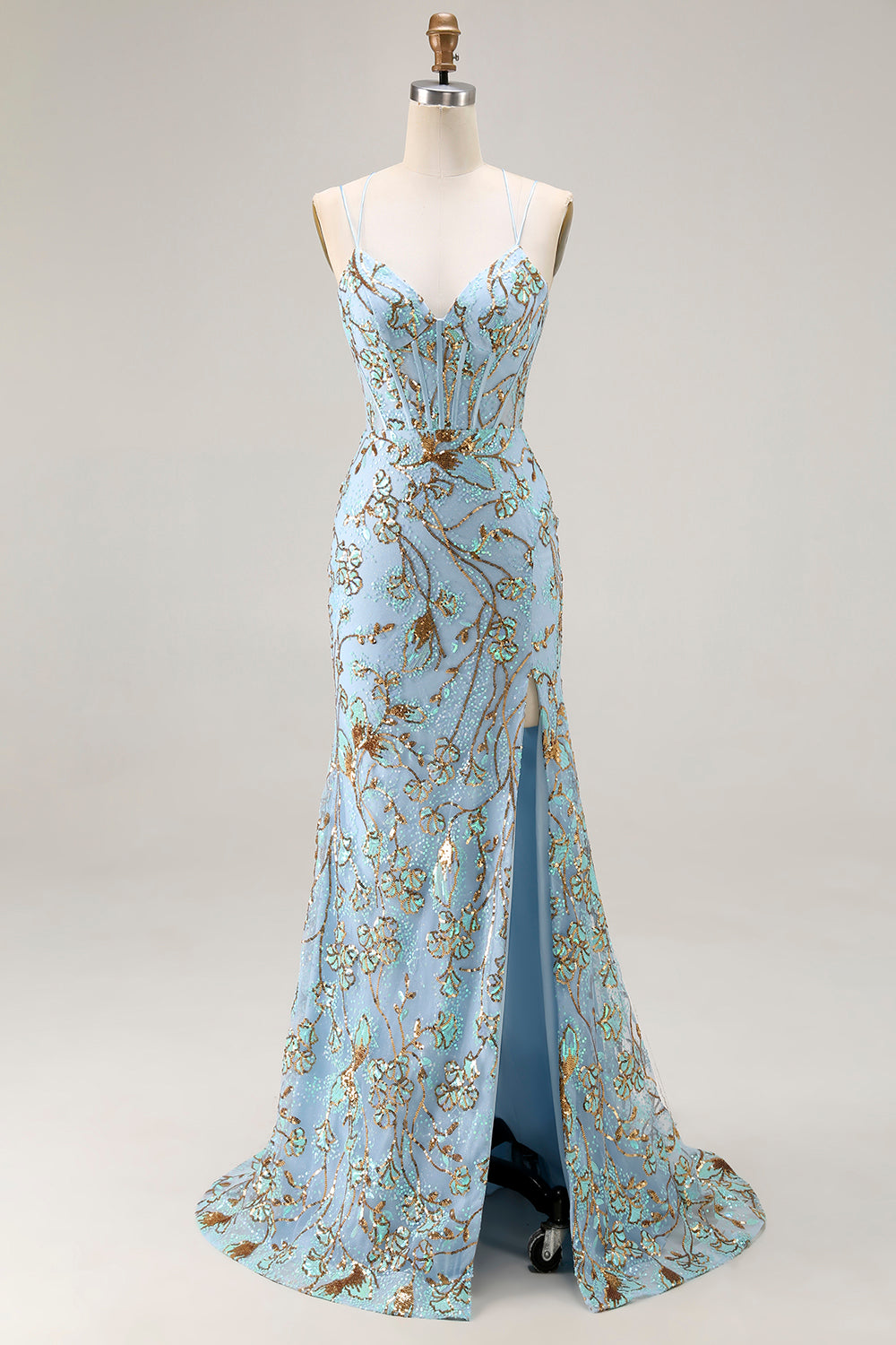 Sparkly Lake Blue Mermaid Corset Prom Dress With Slit