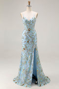 Mermaid Sequins Lake Blue Corset Prom Dress With Slit