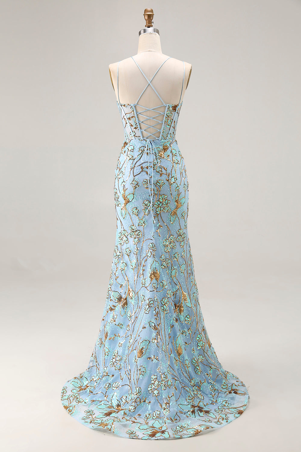 Mermaid Sequins Lake Blue Corset Prom Dress With Slit