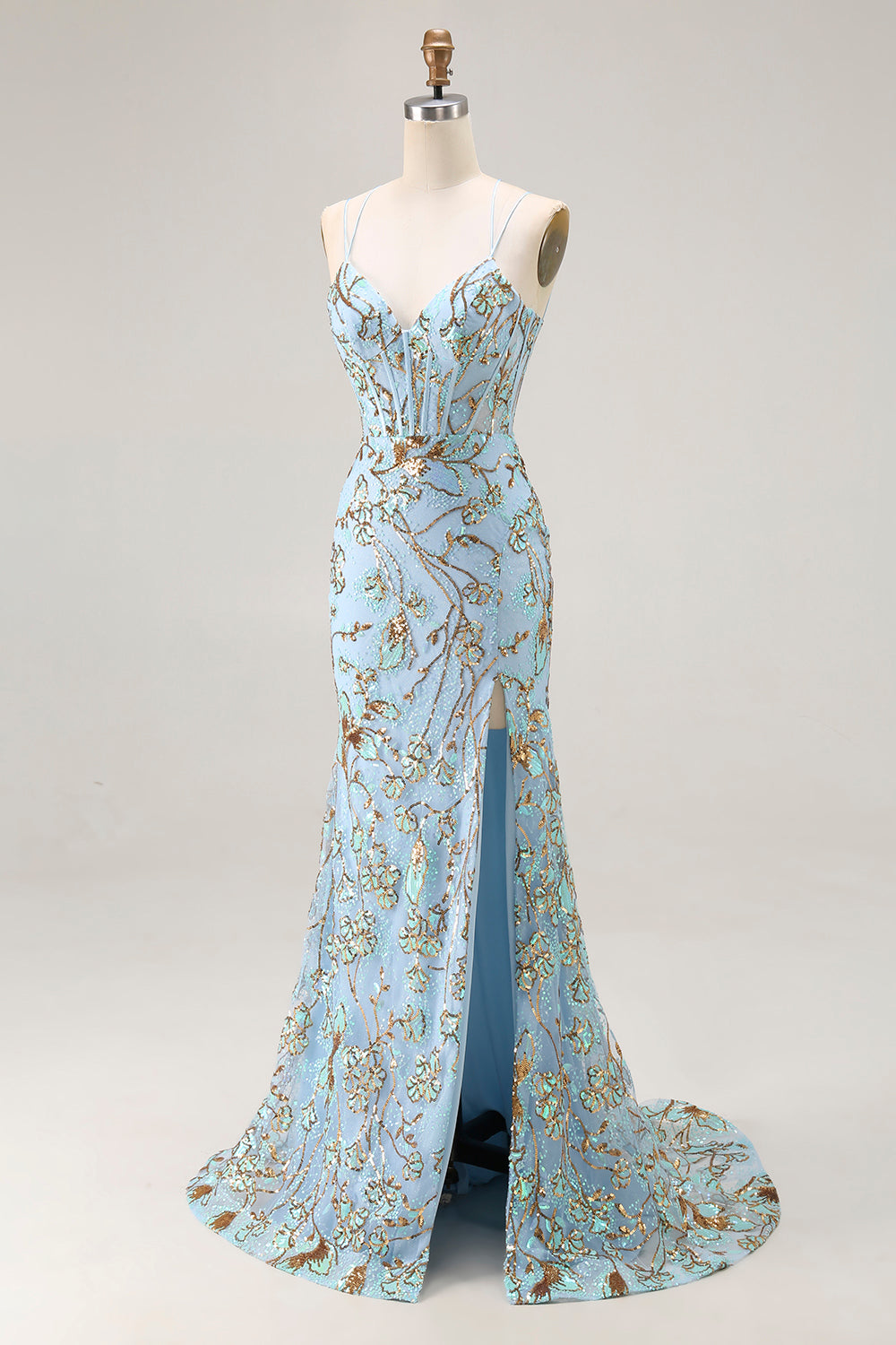 Mermaid Sequins Lake Blue Corset Prom Dress With Slit