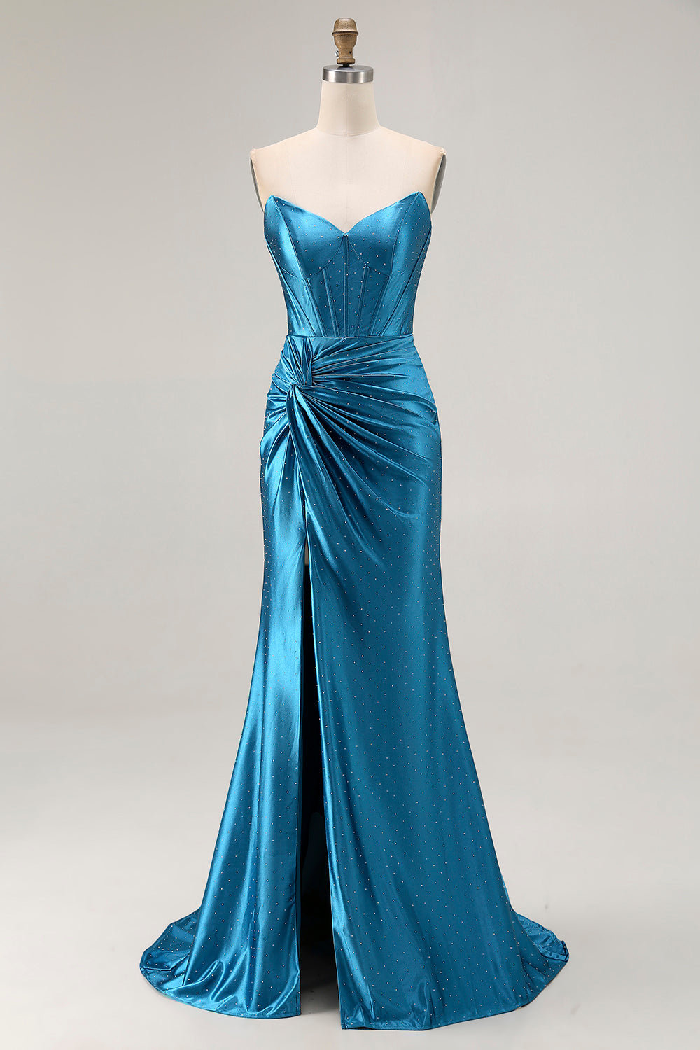 Strapless Royal Blue Corset Beaded Mermaid Prom Dress With Slit