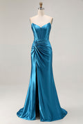 Strapless Royal Blue Corset Beaded Mermaid Prom Dress With Slit
